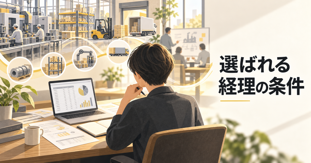 製造現場と数字の流れを見ながら考える経理担当者のイメージ